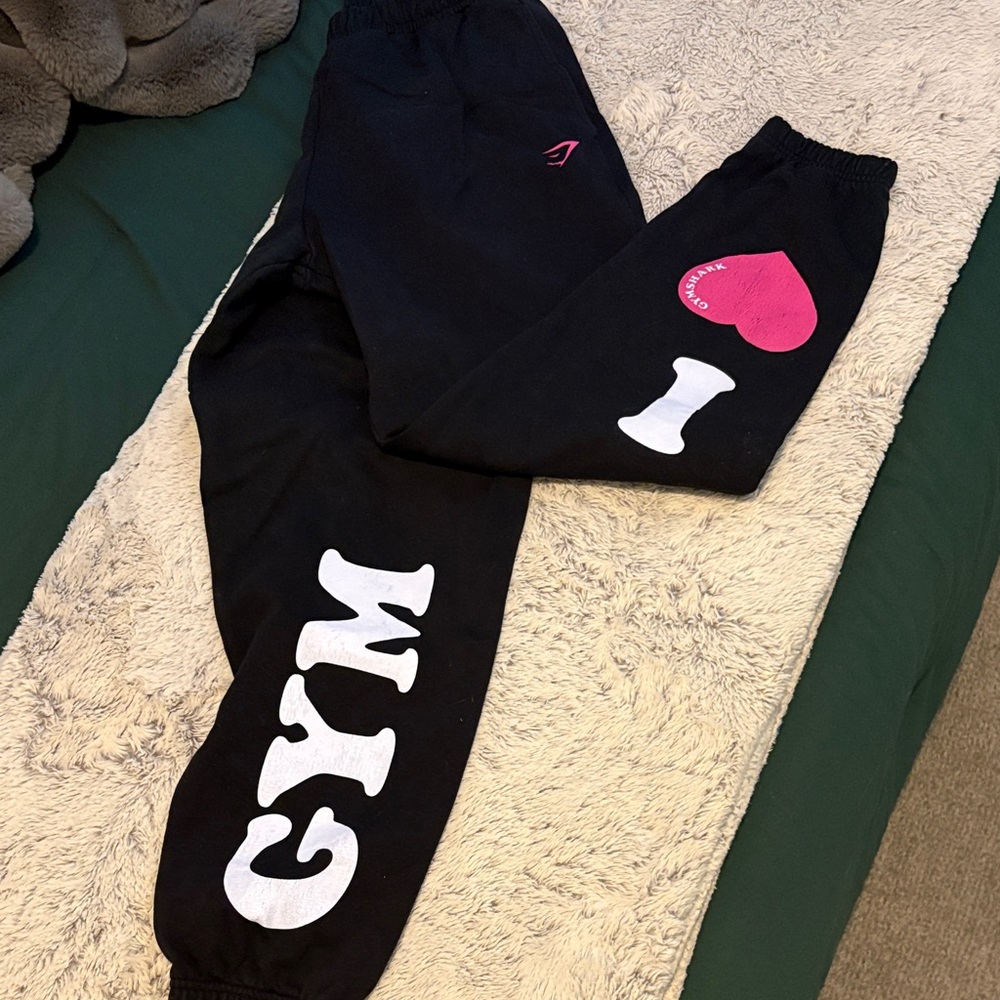 Gymshark Black Track Joggers with White Logo and Pink Heart